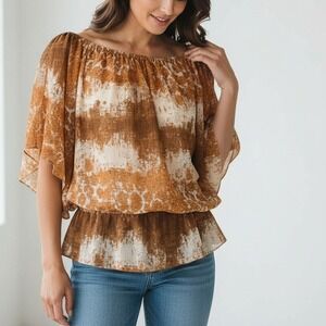 Ali Kris Sheer Peplum Blouse Small Rust Brown Abstract Flutter Sleeve Feminine